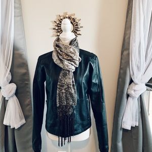 Black leather jacket and scarf combo